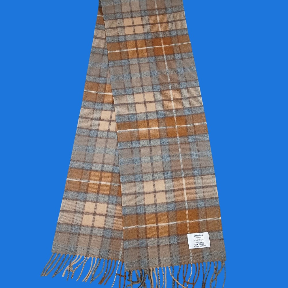 Johnstons Scarf Unisex OS Plaid Brown Tan Grey 100% Cashmere Made in Scotland